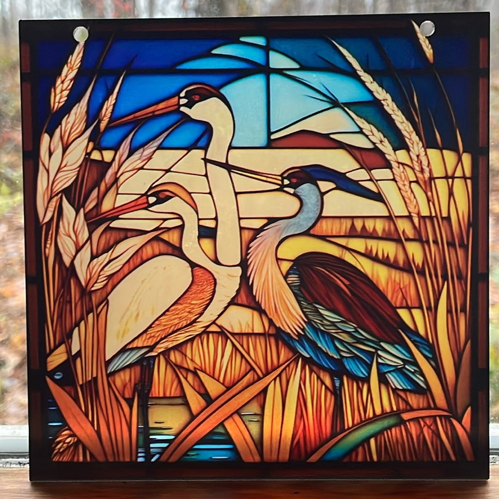 Suncatcher Square Acrylic Crane Birds Decorative Home Cottage Gift 6” x 6”